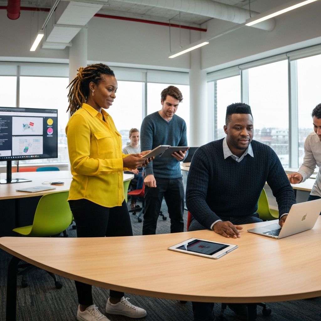 A diverse team of accessibility specialists collaborates on a digital platform.