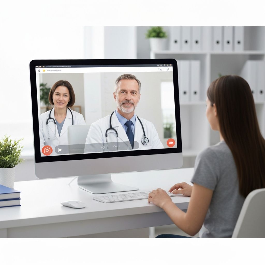 A doctor conducts a video consultation with a deaf patient using a platform with subtitles.
