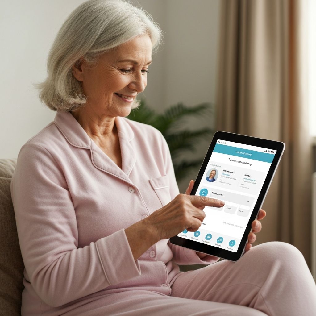 An older patient independently accesses their medical records via an accessible patient portal.