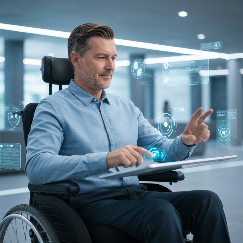 A wheelchair user surfs independently on a laptop, free and self-sufficient through digital inclusion.